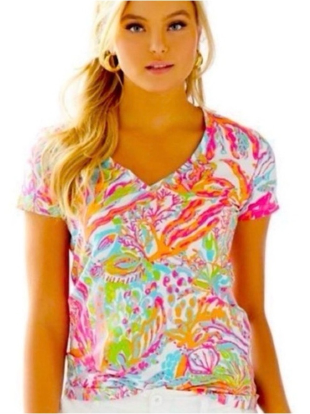 Lilly Pulitzer Michele Top in Scuba to Cuba Size S Small Short Sleeve V-Neck Tee